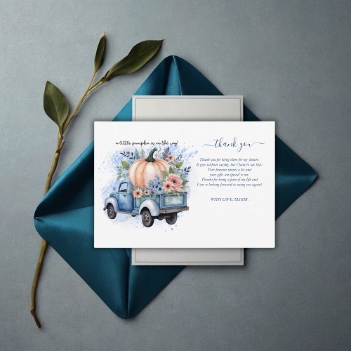 A Little Pumpkin Truck Blue Watercolor Baby Shower Thank You Card