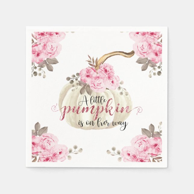 A Little Pumpkin Watercolor Pink Floral Glitter Napkins (Front)