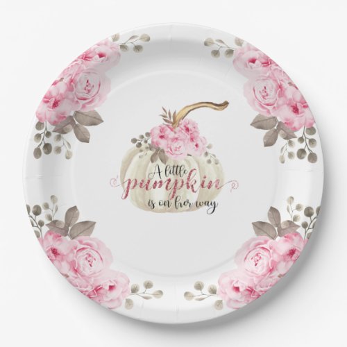 A Little Pumpkin Watercolor Pink Floral Glitter Paper Plates