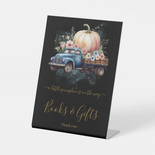 A Little Pumpkin Watercolor Truck Baby Shower Pedestal Sign