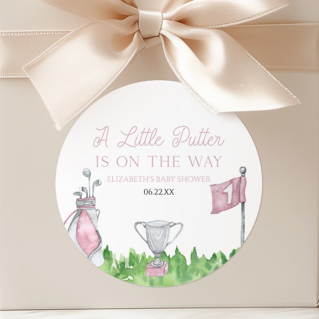 A Little Putter Pink Golf Baby Shower Classic Round Sticker (Creator Uploaded)