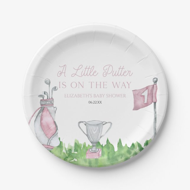 A Little Putter Pink Golf Baby Shower Paper Plates (Front)