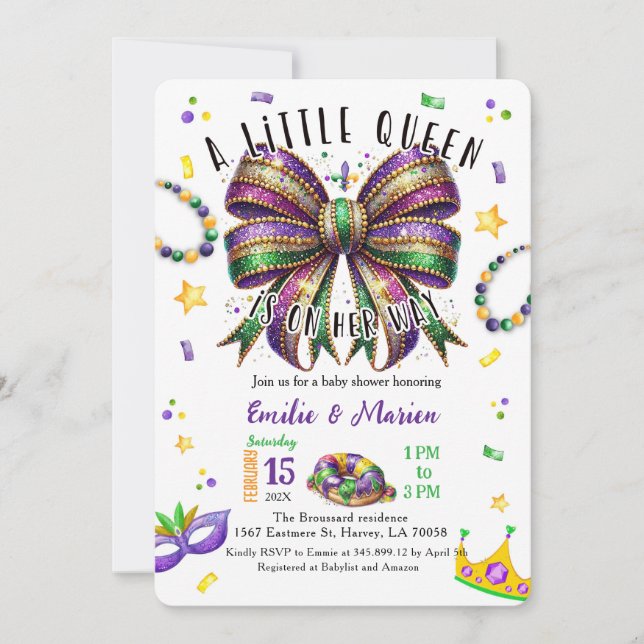A little Queen is on her way Mardi Gras Invitation (Front)