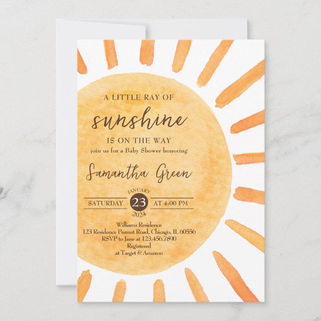 A Little Ray of Sunshine Baby Shower Invitation (Front)