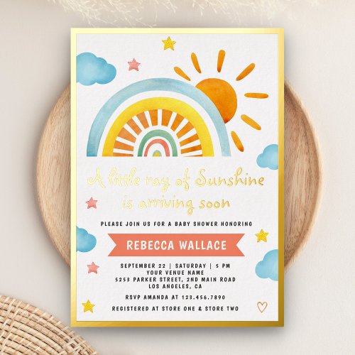 A Little Ray of Sunshine Boho Rainbow Baby Shower Foil Invitation