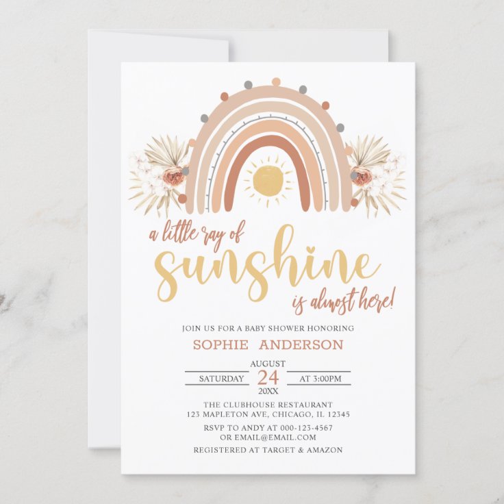 A Little Ray of Sunshine Boho Rainbow Baby Shower Invitation Zazzle
