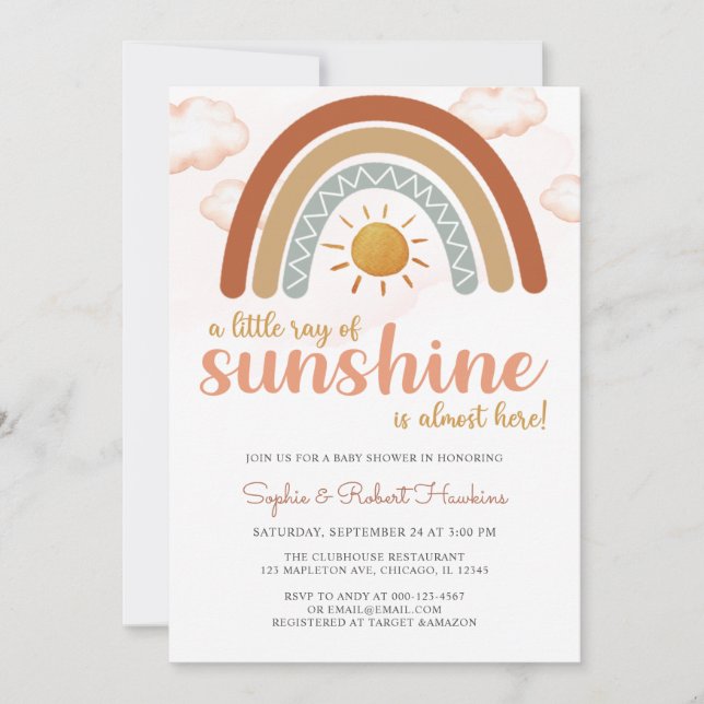  A Little Ray of Sunshine Boho Rainbow Baby Shower Invitation (Front)