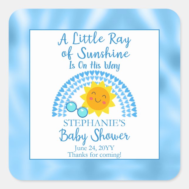 A Little Ray of Sunshine Boy Baby Shower Square Sticker (Front)