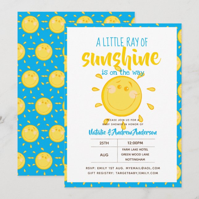 A Little Ray Of SUNSHINE is on the way - Blue Invitation (Front/Back)