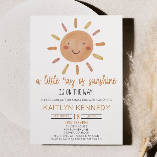 A Little Ray Of Sunshine Yellow Sun Baby Shower Invitation