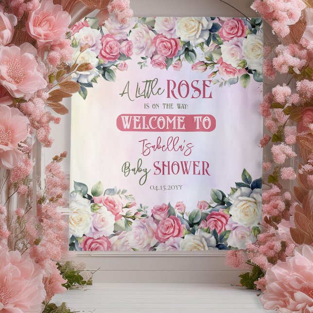 A Little Rose Floral Girl Baby Shower Backdrop (Pink Rose Floral Bouquets Girl Baby Shower "Welcome" Backdrop -- A Little Rose Collection)
