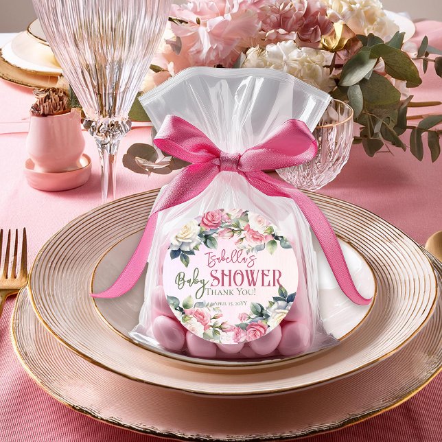 A Little Rose Floral Girl Baby Shower Thank You Classic Round Sticker (Pink Rose Floral Bouquets Girl Baby Shower Large Round Favor Stickers -- A Little Rose Collection)