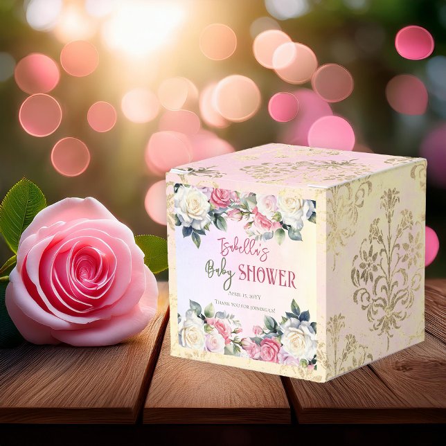 A Little Rose Floral Girl Baby Shower Thank You Favor Boxes (Pink Rose Floral Bouquets Girl Baby Shower Favor Box -- A Little Rose Collection)