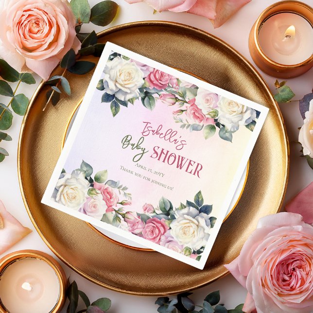 A Little Rose Girl Floral Baby Shower Napkins (Pink Rose Floral Bouquets Girl Baby Shower Paper Napkins -- A Little Rose Collection)