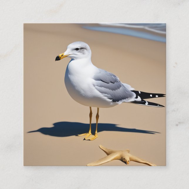 A little seagull on a pretty beach surrounded by g square business card (Front)