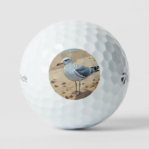 A little seagull with poison in its beak flying ov golf balls