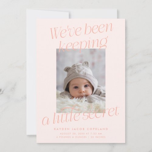 A Little Secret Peach Photo Modern Birth Announcement