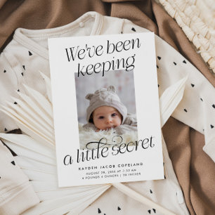 A Little Secret White Photo Modern Birth Announcement