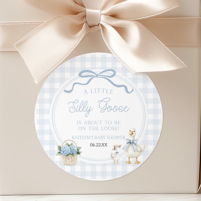 A Little Silly Goose Blue Floral Bow Baby Shower Classic Round Sticker (Creator Uploaded)