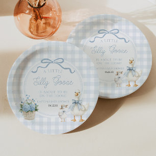 A Little Silly Goose Blue Floral Bow Baby Shower Paper Plates