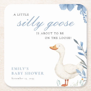 A Little Silly Goose Boy Baby Shower Square Paper Coaster
