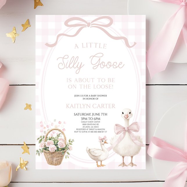 A Little Silly Goose Pink Bow Floral Baby Shower Invitation (Creator Uploaded)