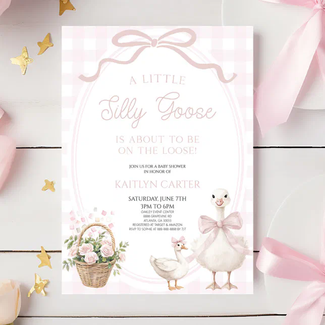 A Little Silly Goose Pink Bow Floral Baby Shower Invitation | Zazzle