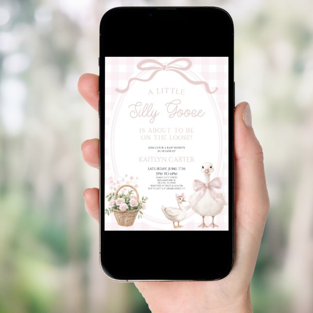 A Little Silly Goose Pink Bow Floral Baby Shower Invitation (Front Digital)