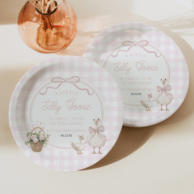 A Little Silly Goose Pink Floral Bow Baby Shower Paper Plates (Creator Uploaded)