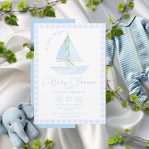 A Little Skipper Blue Plaid Modern Baby Shower Invitation