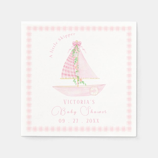 A Little Skipper Pink Plaid Modern Baby Shower Napkins (Front)