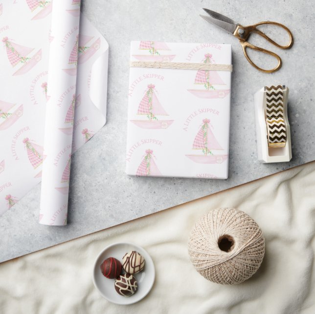 A Little Skipper Pink Sailboat Modern Baby Shower Wrapping Paper (Crafts)