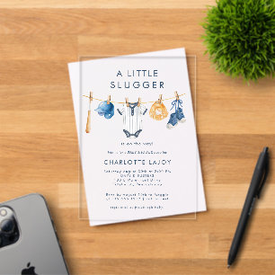 A Little Slugger Baseball Clothesline Baby Shower Acrylic Invitations