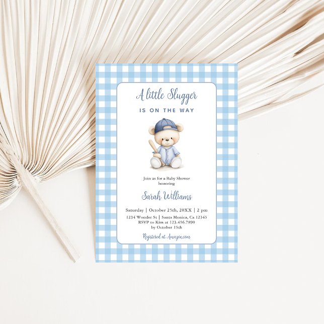 A Little Slugger Bear Baby Shower Boy Invitation (Creator Uploaded)