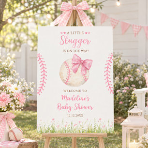 A Little Slugger Pink Baseball Bow Welcome Sign