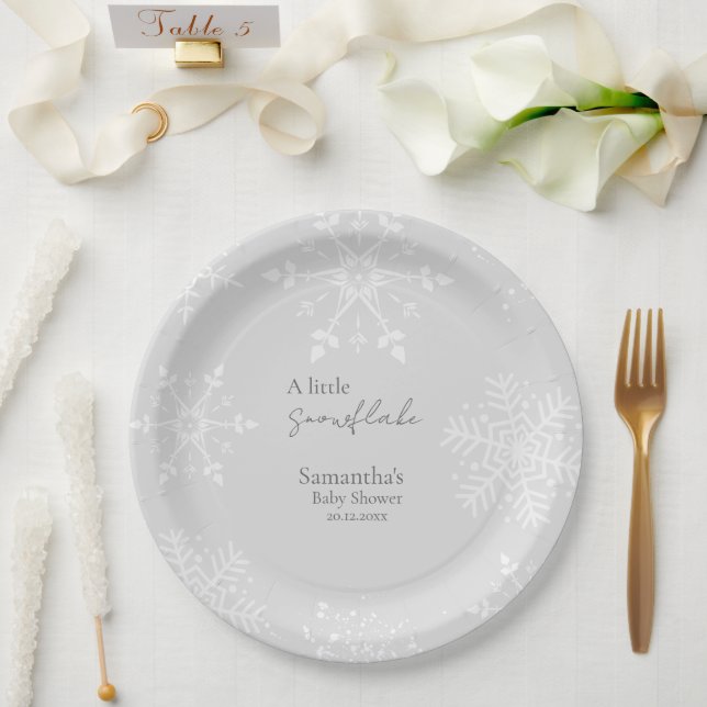 A little Snowflake Baby shower grey  Paper Plates (Wedding)