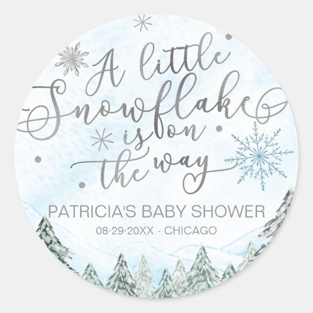 A little Snowflake Blue Baby Shower Classic Round Sticker (Front)