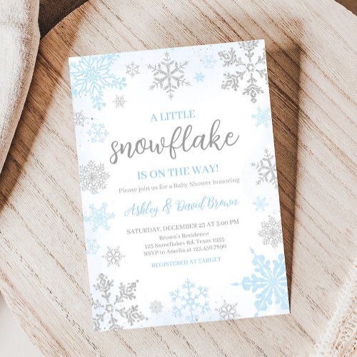 A Little Snowflake Blue Baby Shower  Invitation