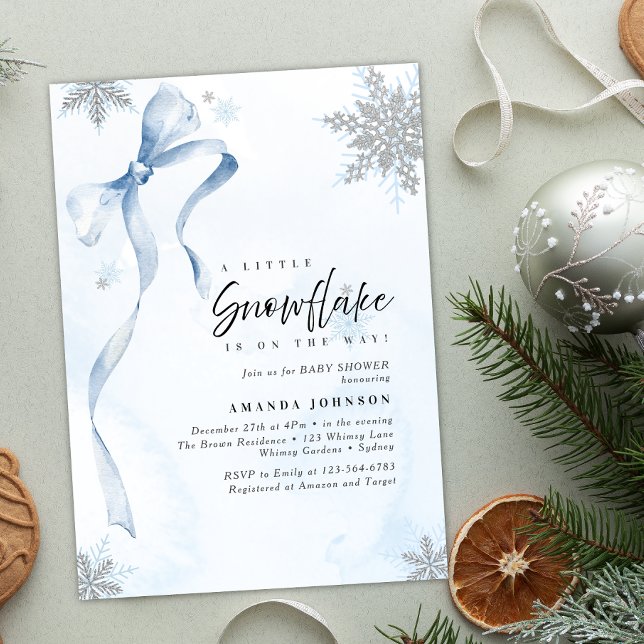 A little Snowflake Blue Bow Glitter Baby Shower Invitation (Creator Uploaded)