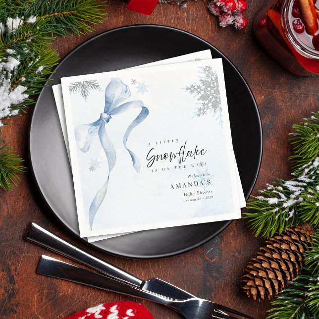 A little Snowflake Blue Bow Glitter Baby Shower  Napkins (Creator Uploaded)