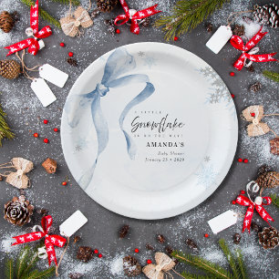A little Snowflake Blue Bow Glitter Baby Shower Paper Plates