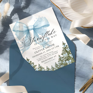 A Little Snowflake Blue Bow Winter Baby Shower Invitation