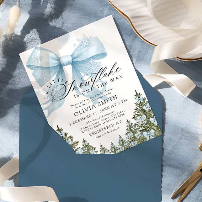 A Little Snowflake Blue Bow Winter Baby Shower Invitation (Creator Uploaded)