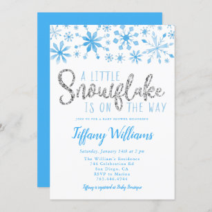 A Little Snowflake Blue Silver Baby Shower Invitation
