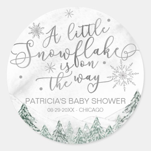 A little Snowflake Gray Baby Shower Classic Round  Classic Round Sticker