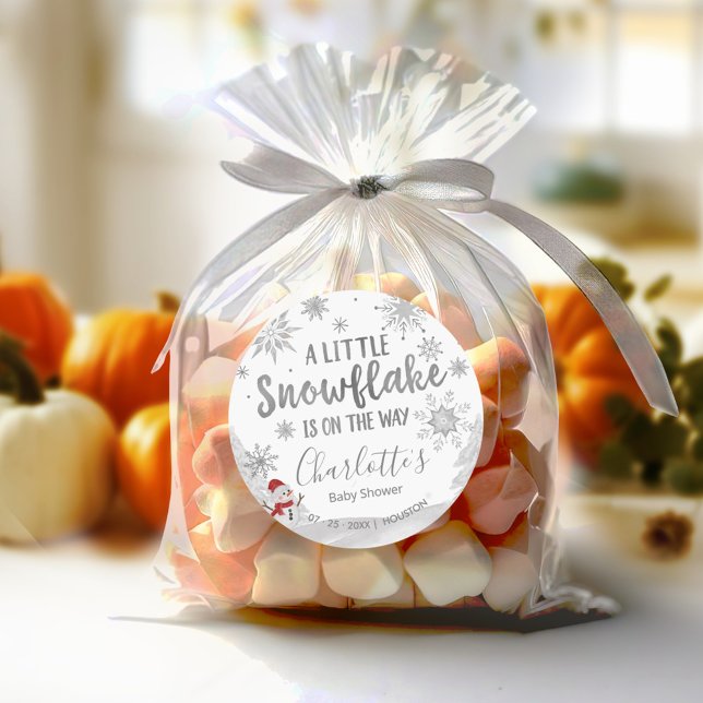 A little snowflake Gray Baby Shower Classic Round Sticker (Creator Uploaded)