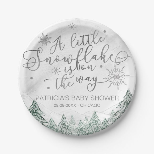 A little Snowflake Gray Baby Shower Paper Plates (Front)