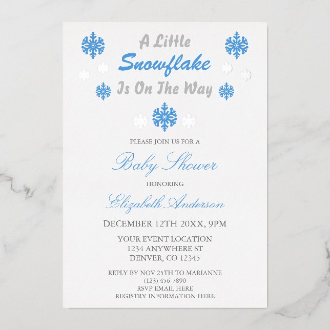 A Little Snowflake Is On The Way Baby Shower Foil Invitation (Front)