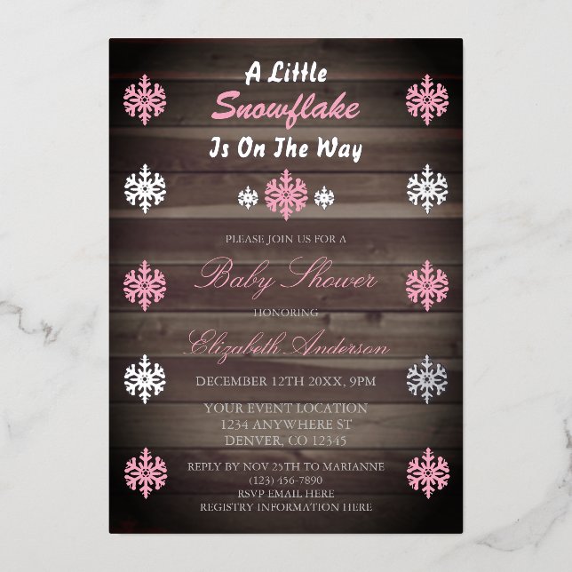 A Little Snowflake Is On The Way Baby Shower Foil Invitation (Front)
