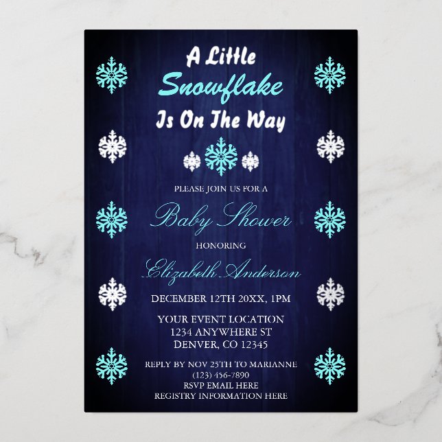 A Little Snowflake Is On The Way Baby Shower Foil Invitation (Front)
